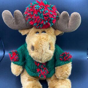 Moose w/ Green Knit Sweater & Beanie Plush Stuffed Animal Toy Christmas Holiday